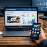 Digital marketing workspace showing online promotion and content creation on laptop