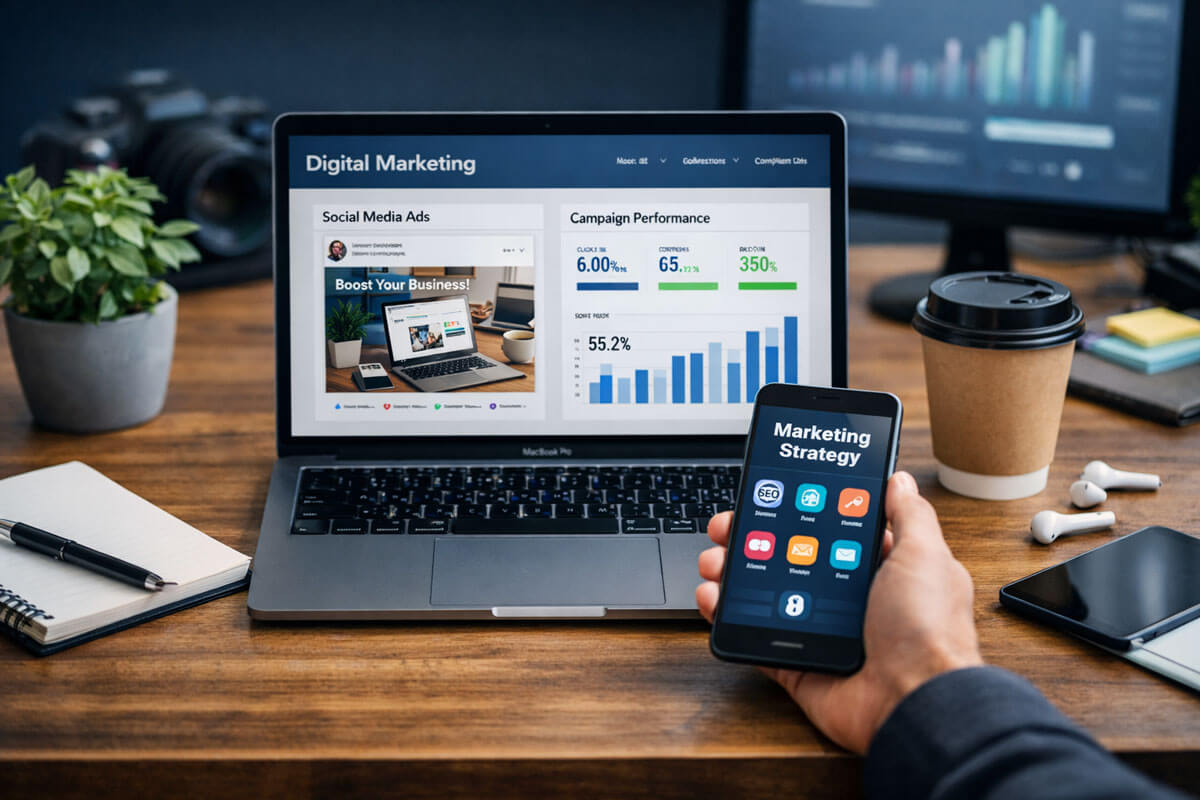 Digital marketing workspace showing online promotion and content creation on laptop